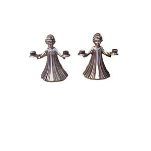 Vtg Pair of Gold Tone Choir Girl/Boy Figurine Candle Holder Solid Holiday Angels